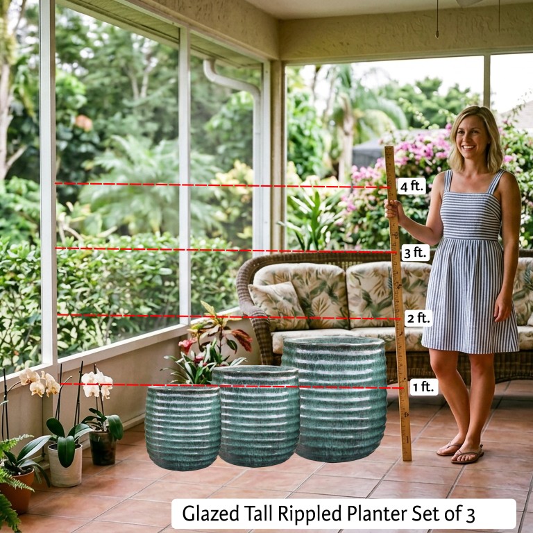 Glazed Tall Rippled Planter Set of 3